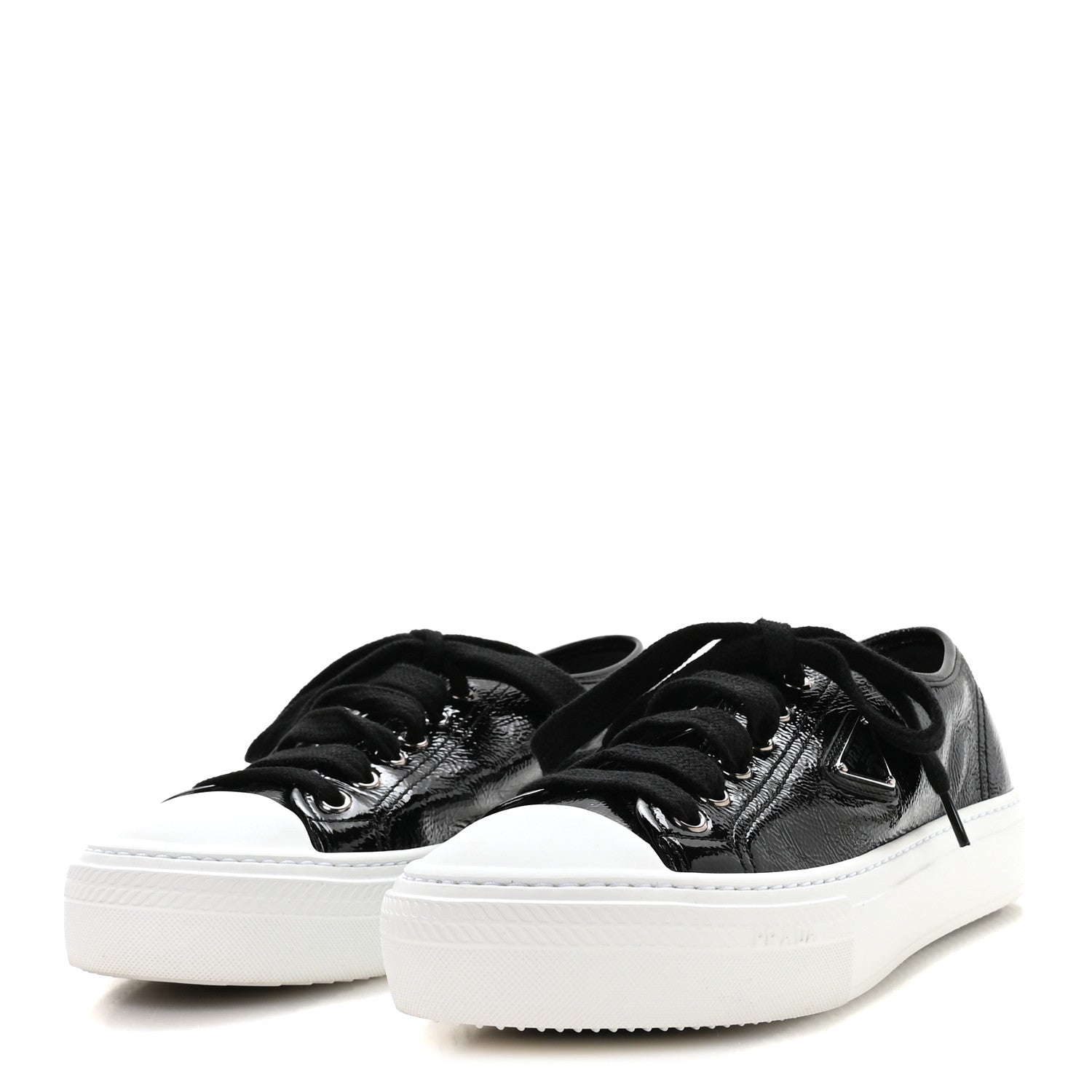 Prada Patent Naplak Triangle Logo Womens Low Top Sneakers 39.5 Black White 4 of 8