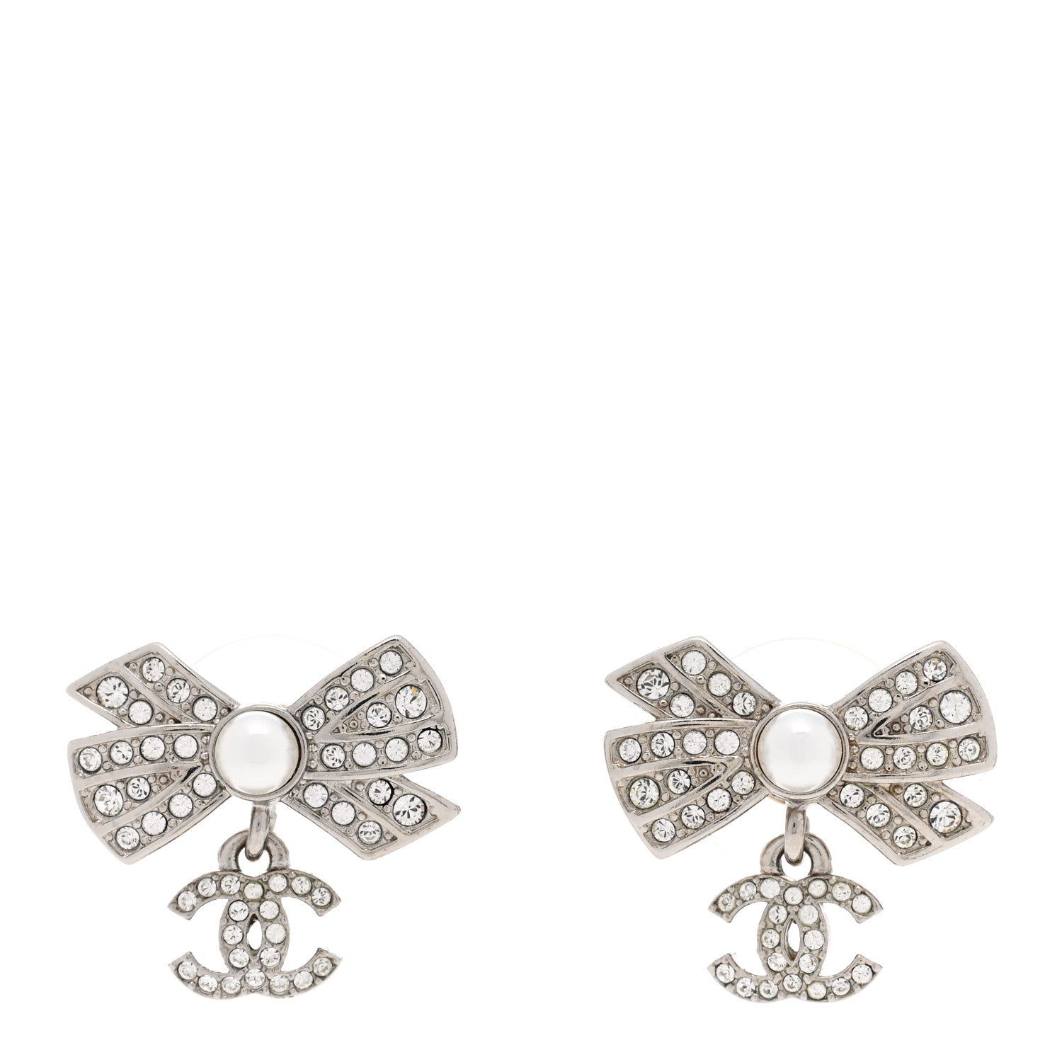 Chanel Crystal Pearl Bow CC Drop Earrings Silver 1 of 5