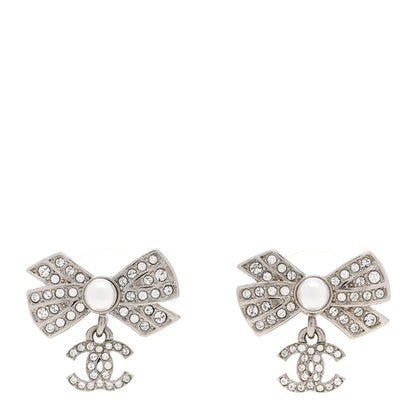 Chanel Crystal Pearl Bow CC Drop Earrings Silver 1 of 5