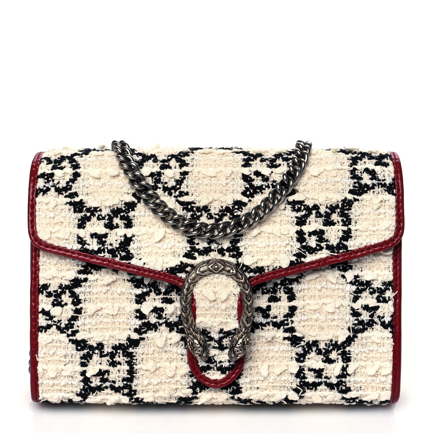 Gucci Tweed GG Monogram Mini Dionysus Chain Wallet White Black Romantic Cherry 1 of 10
