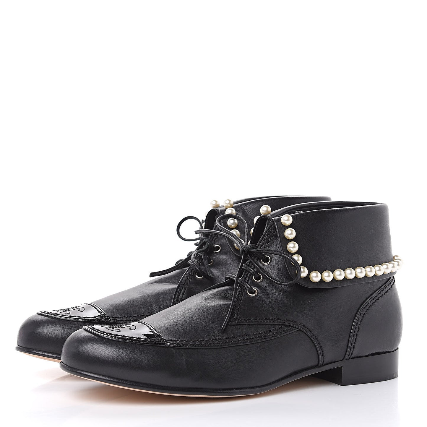 Lambskin Patent Calfskin Pearl Lace Up Boots 39.5 Black