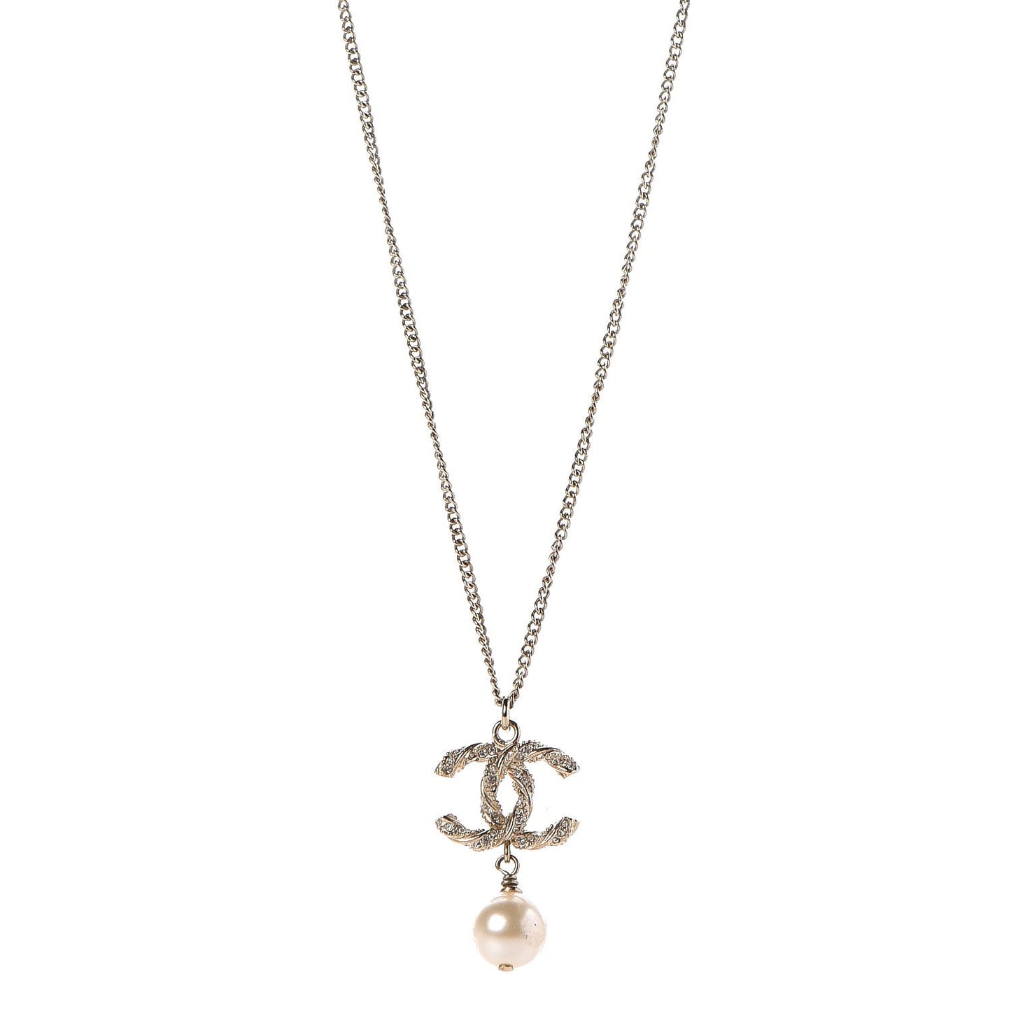 Pearl Crystal Twisted CC Drop Necklace Gold
