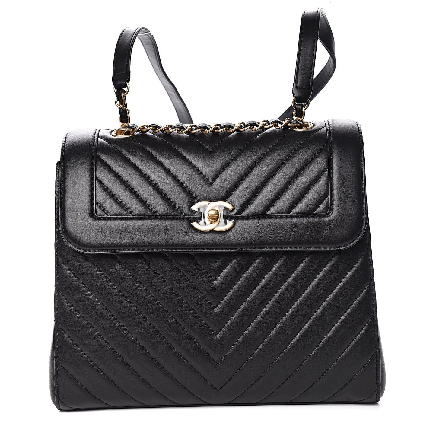 Aged Calfskin Chevron Quilted Backpack Black