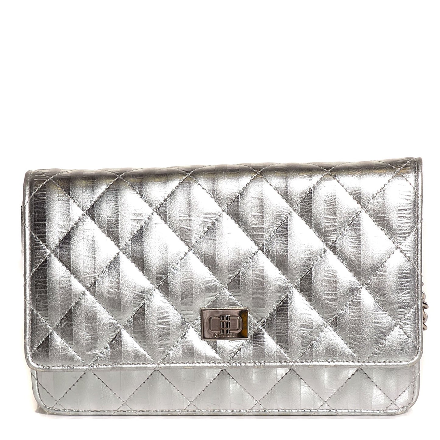 Metallic Aged Calfskin Striped Reissue Wallet On Chain WOC Silver