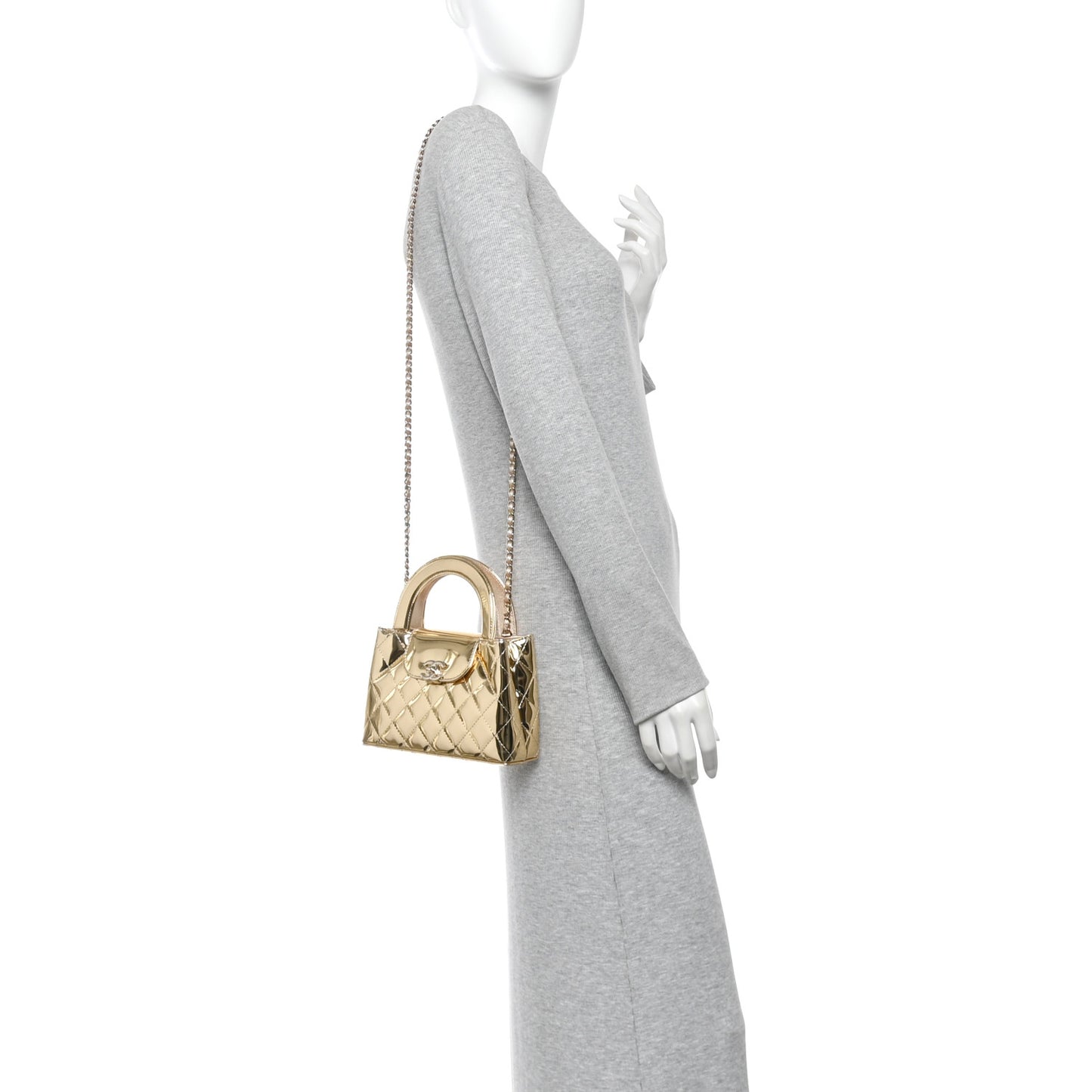 Mirror Calfskin Metallic Calfskin Quilted Nano Kelly Shopper Gold
