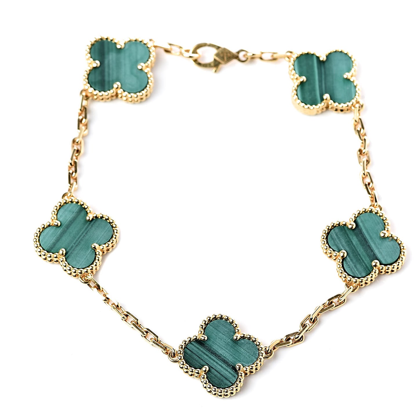18K Yellow Gold Malachite 5 Motifs Vintage Alhambra Bracelet