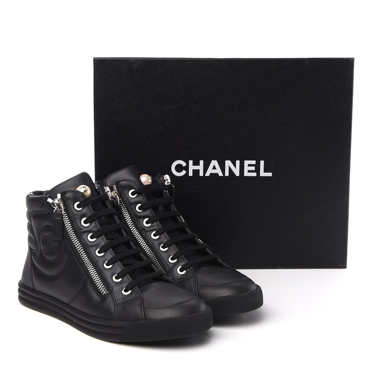 Calfskin Pearl High Top CC Sneakers 36.5 Black