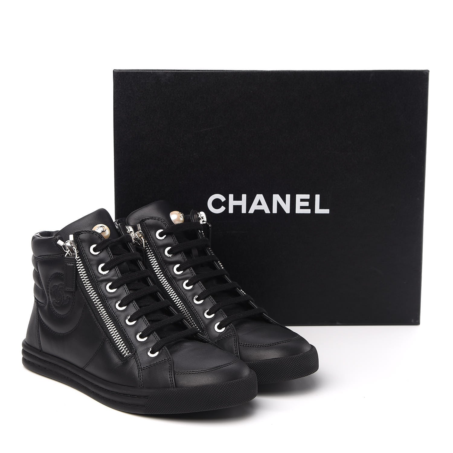 Chanel Calfskin Pearl High Top CC Sneakers 36.5 Black 10 of 10