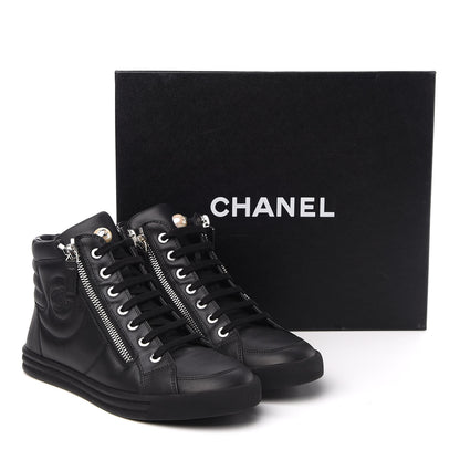 Chanel Calfskin Pearl High Top CC Sneakers 36.5 Black 10 of 10