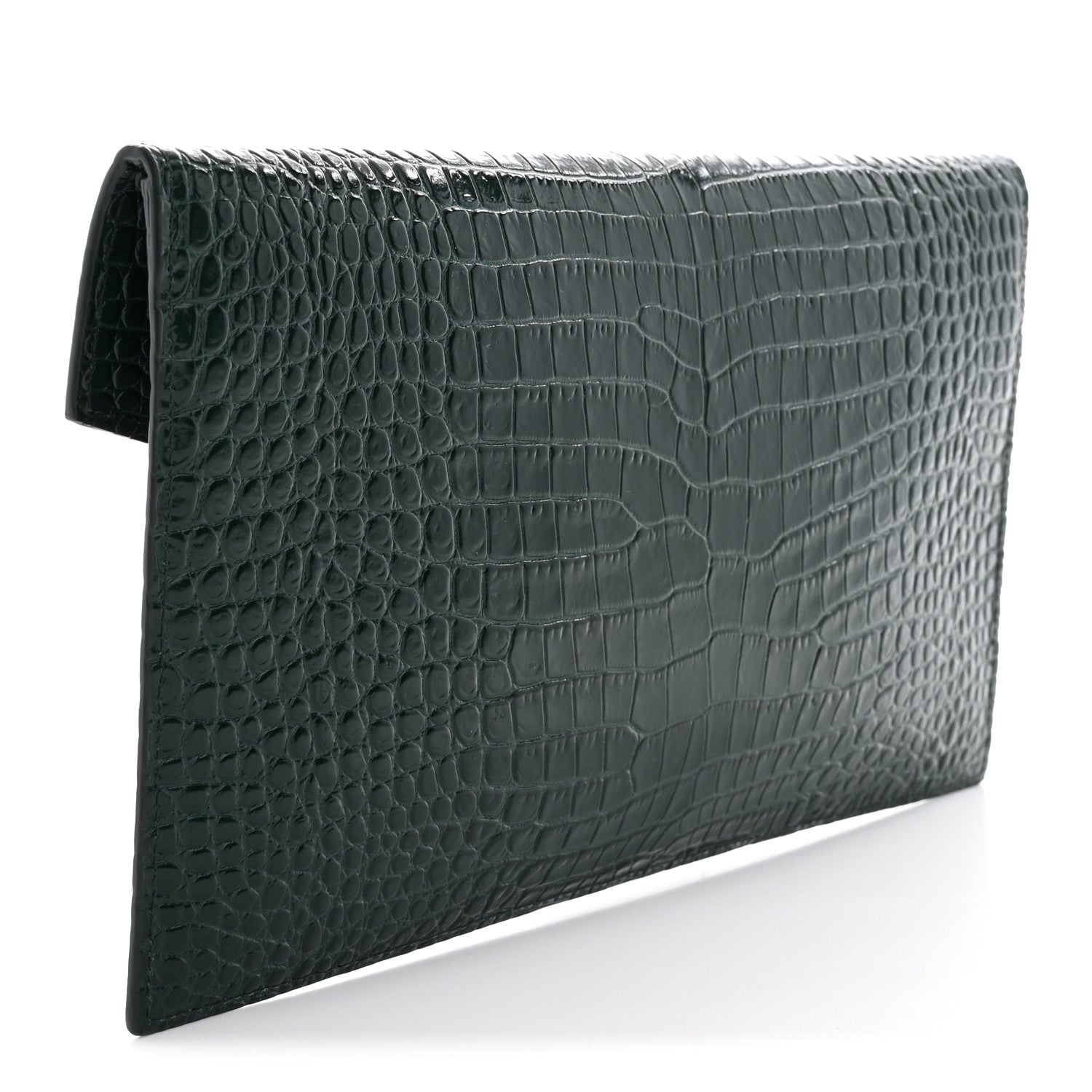 Saint Laurent Calfskin Crocodile Embossed Uptown Monogram Clutch Dark Green 3 of 7