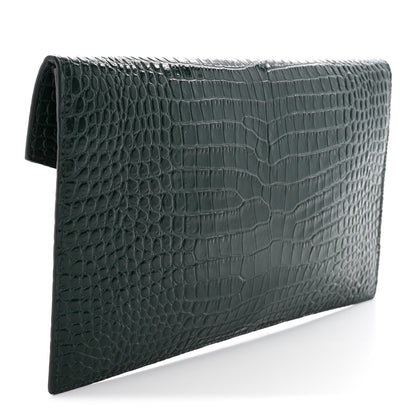 Saint Laurent Calfskin Crocodile Embossed Uptown Monogram Clutch Dark Green 3 of 7