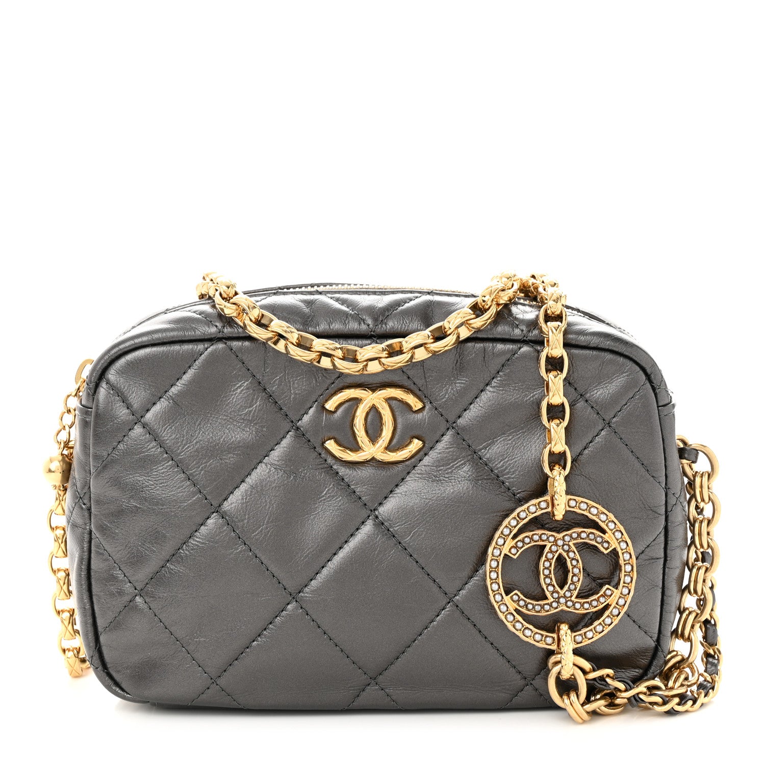 Chanel Metallic Calfskin Pearl Quilted CC Mini Camera Case Ruthenium 1 of 11