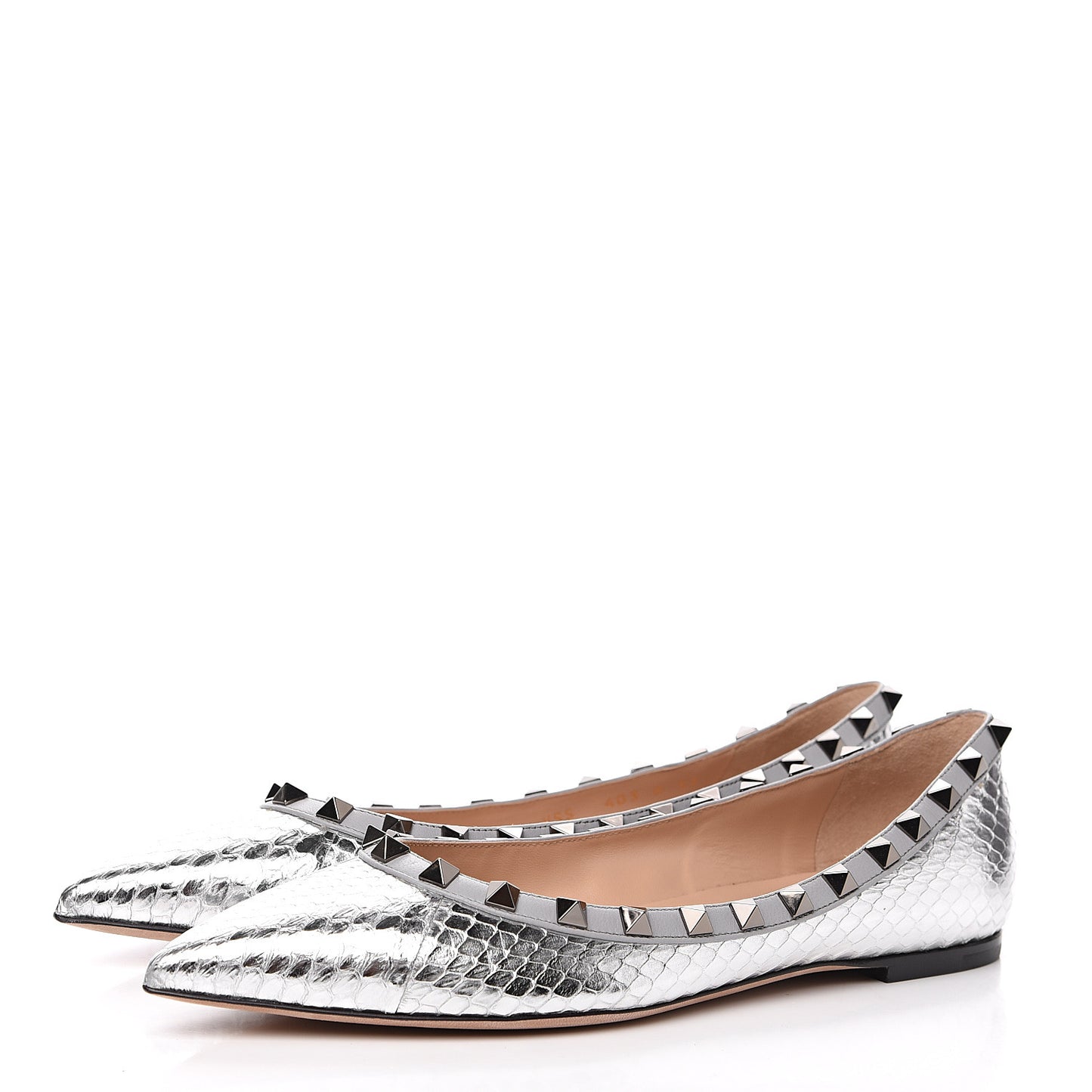 Metallic Elaphe Snakeskin Rockstud Ballerina Flats 37 Silver