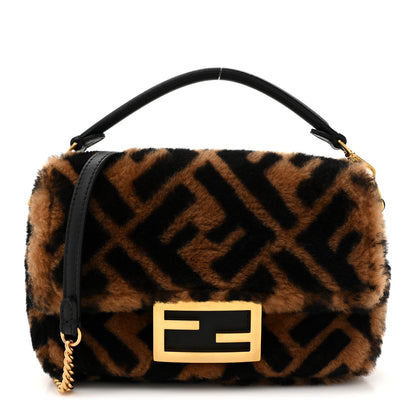 Fendi Shearling Vitello Dolce Macro FF 1974 Mini Baguette Tobacco Black 1 of 10