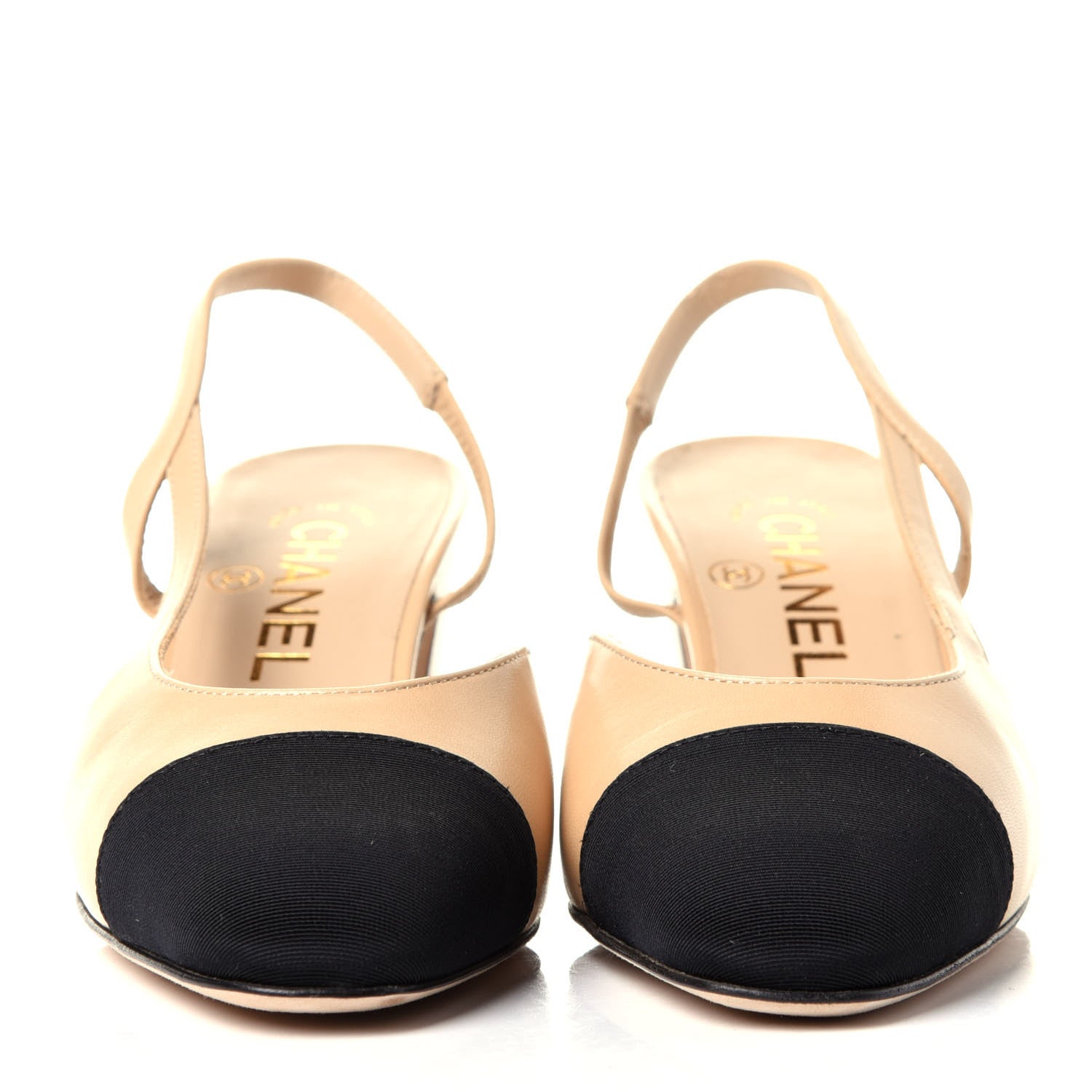 Chanel Goatskin Grosgrain Cap Toe CC Slingback Pumps 35.5 Beige Black 2 of 11