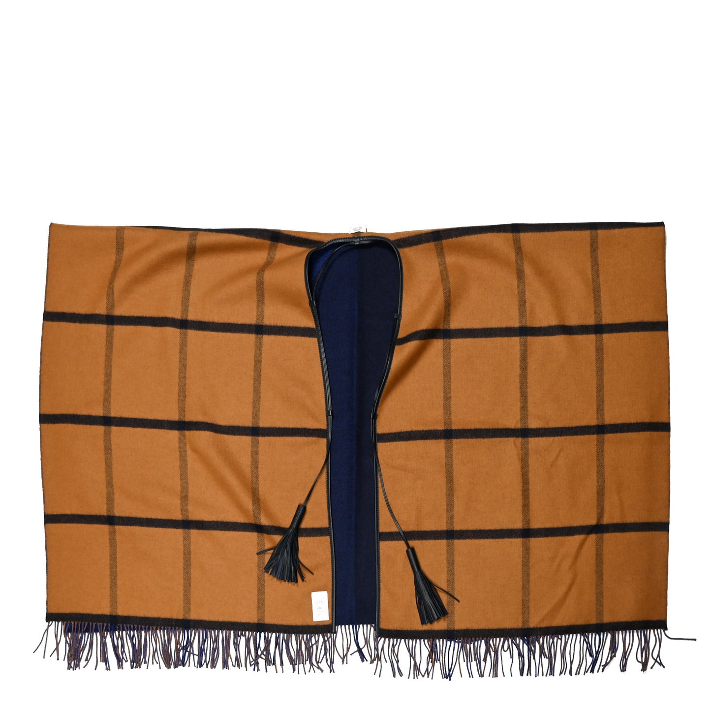 Wool Calfskin Reversible Highlands Poncho Navy Royal Fauve