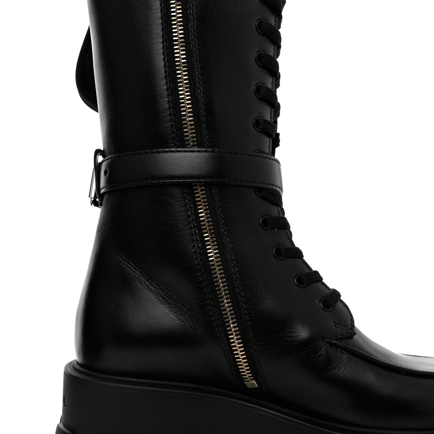 Prada Vitello Lux Nylon Metal Triangle Logo Monolith Pouch Pocket 55mm Tall Combat Boots 35 Black 10 of 10
