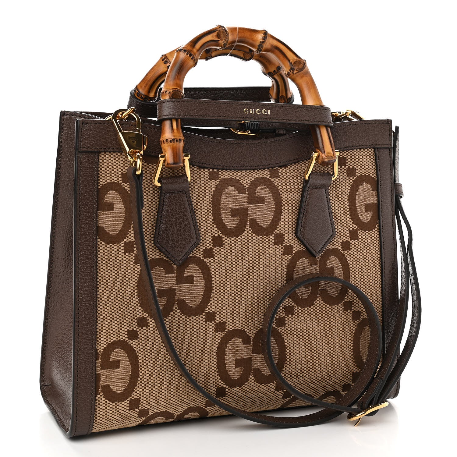 Gucci Monogram Jumbo GG Textured Dollar Calfskin Small Diana Tote Bag Camel Ebony New Acero 3 of 11