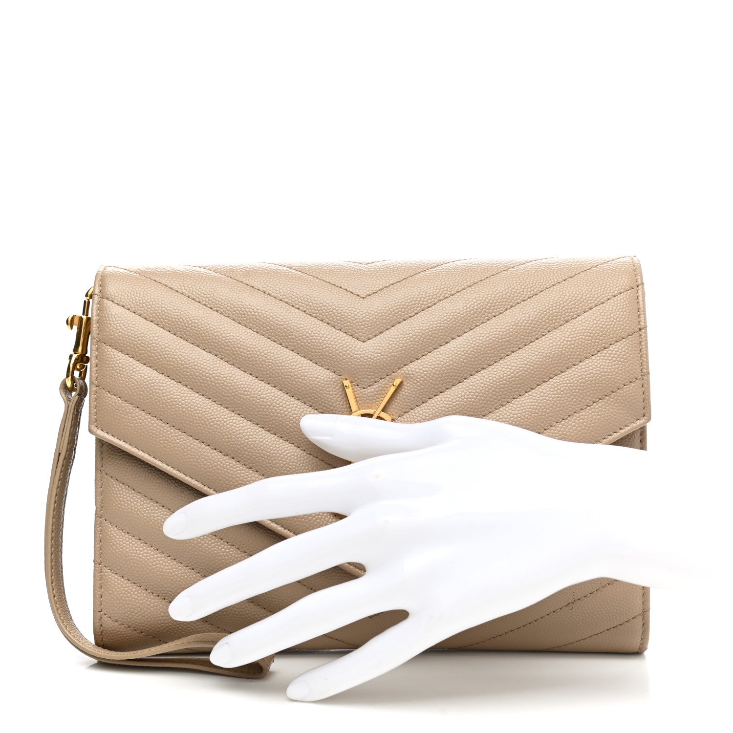Saint Laurent Grain De Poudre Matelasse Chevron Monogram Envelope Clutch Dark Beige 2 of 7