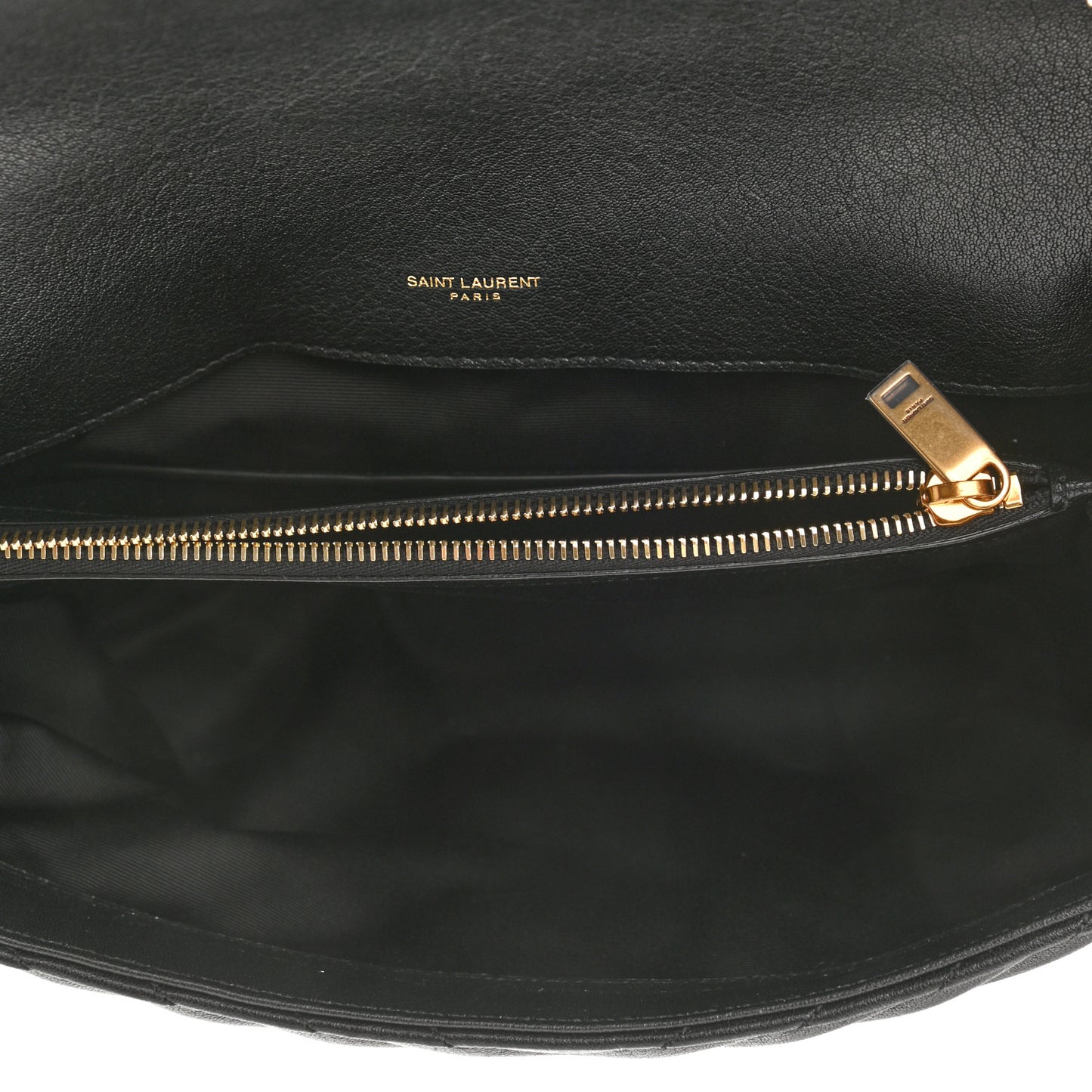 Sheepskin Matelasse Chevron Monogram Large College Satchel Black