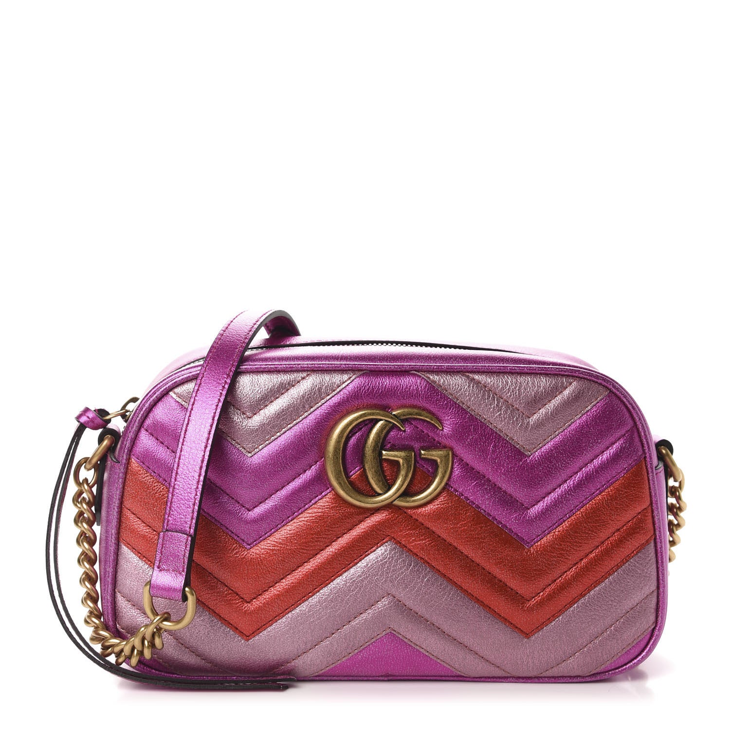Gucci Laminated Nappa Matelasse Small GG Marmont Chain Shoulder Bag Fuxia Rosso Rosa 1 of 10
