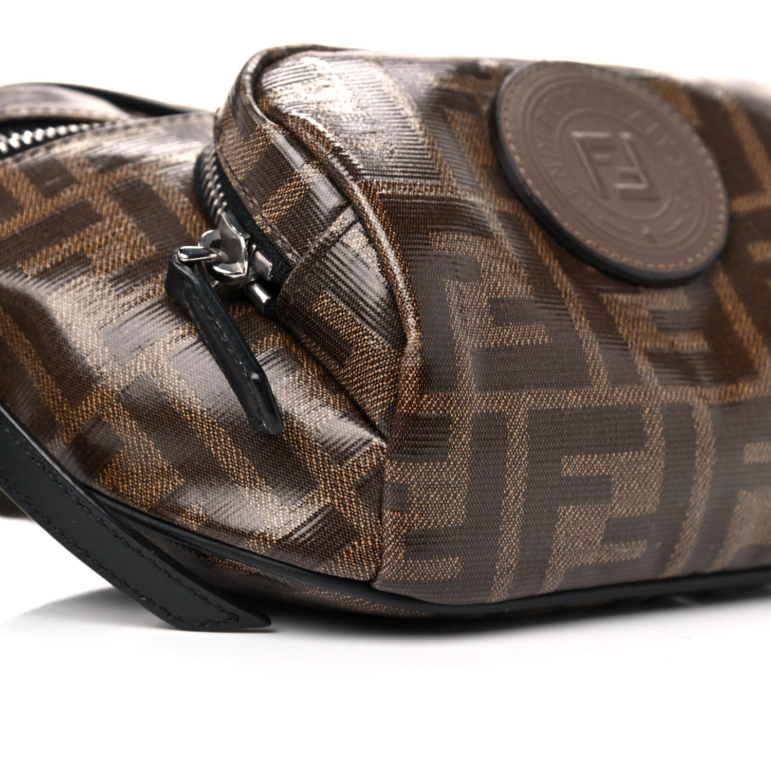 Fendi Glazed Fabric Vitello Century FF 1974 Stamp Patch Mens Pocket Belt Bag Mogano Panna Black 15 of 21