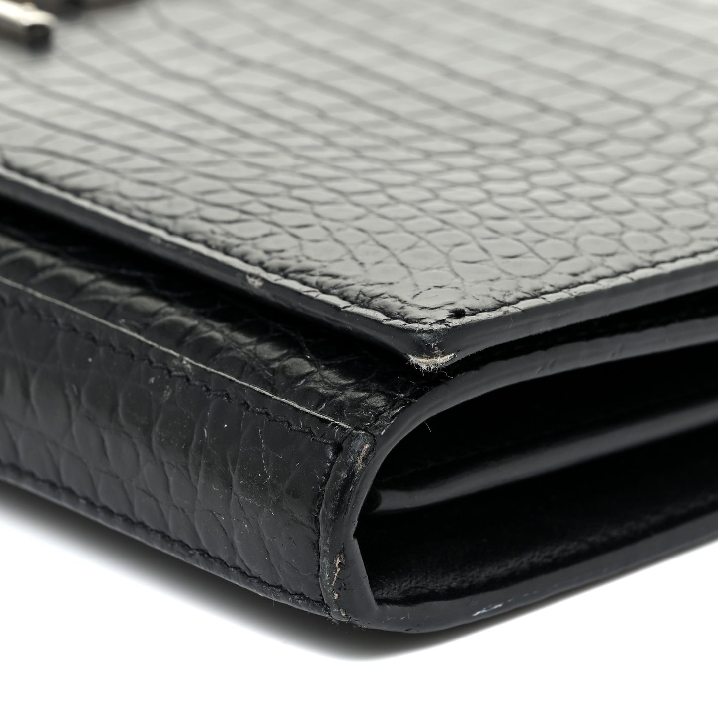 Calfskin Crocodile Embossed Monogram Chain Wallet Black