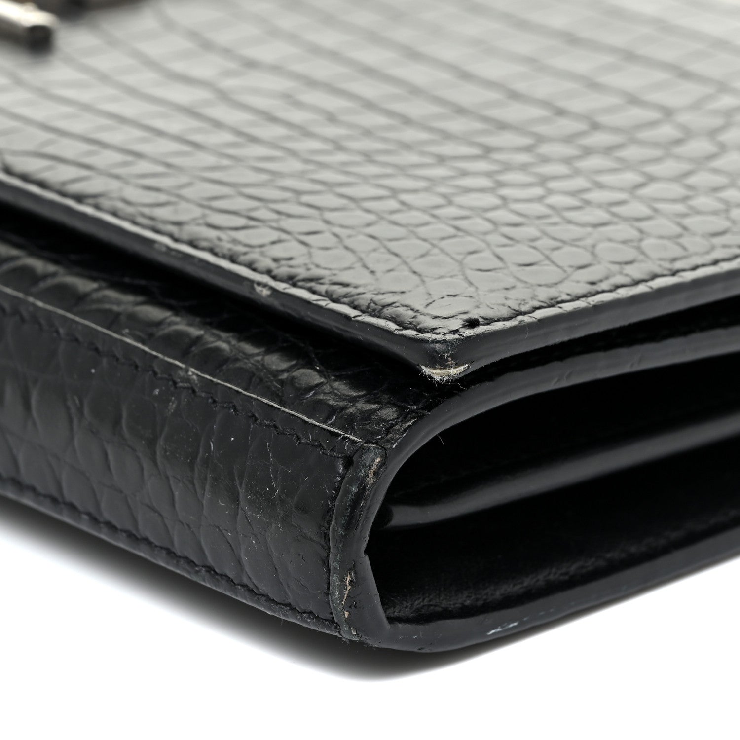 Saint Laurent Calfskin Crocodile Embossed Monogram Chain Wallet Black 10 of 16