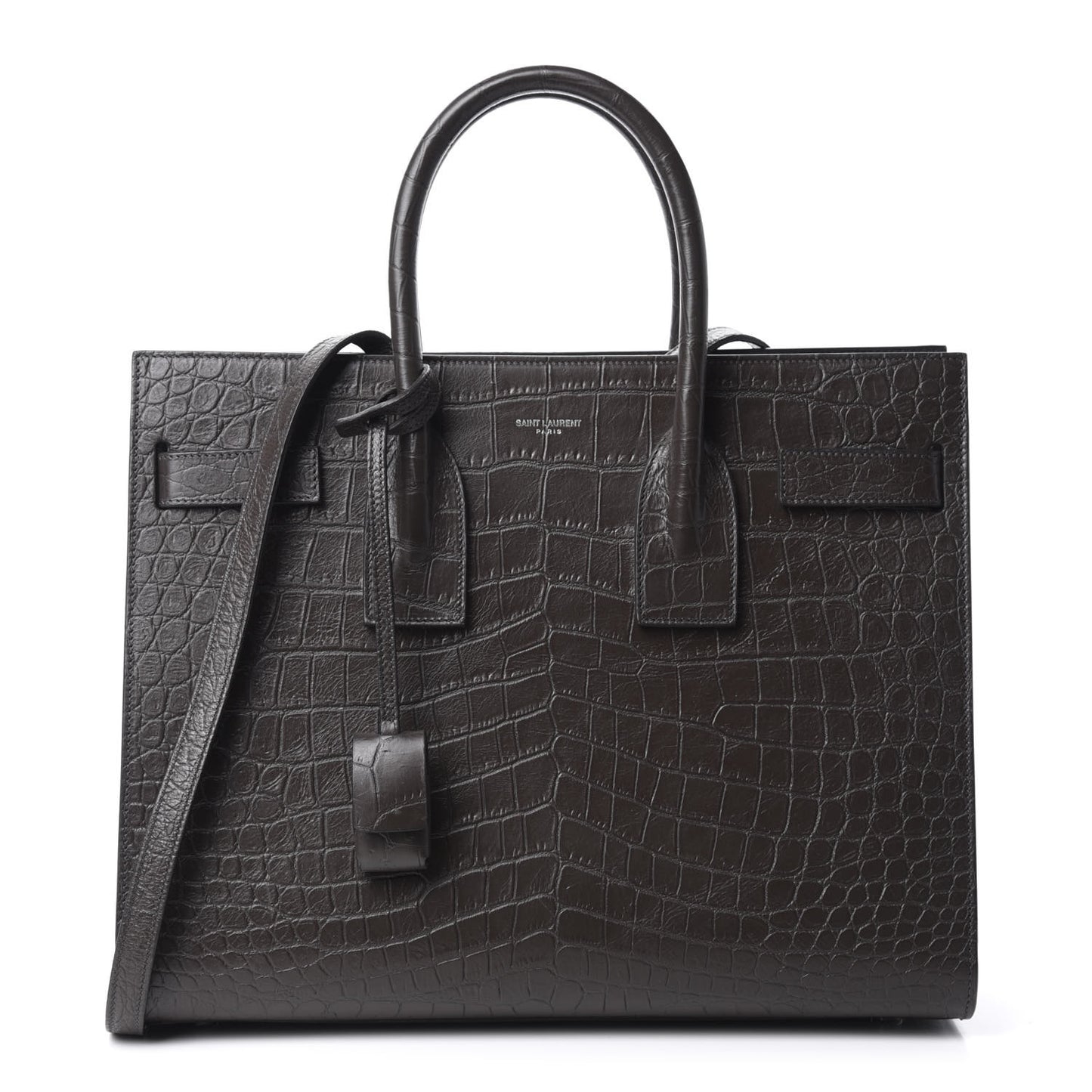 Calfskin Crocodile Embossed Small Sac De Jour Dark Brown