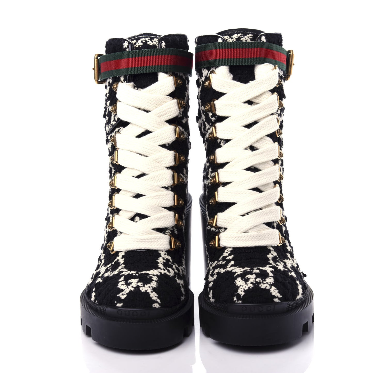Tweed GG Monogram Lace Up Combat Ankle Boots 35.5 Black