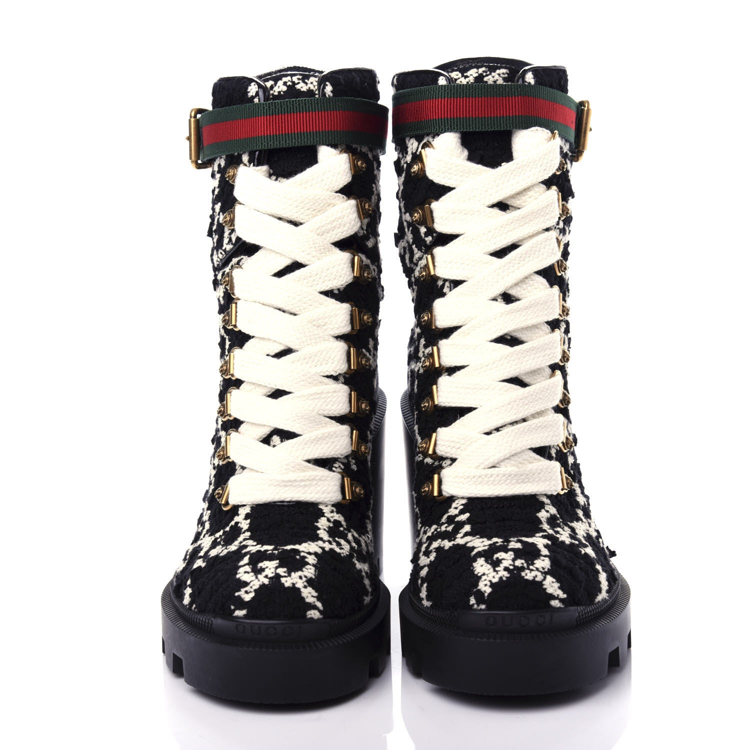Gucci Tweed GG Monogram Lace Up Combat Ankle Boots 35.5 Black 2 of 9
