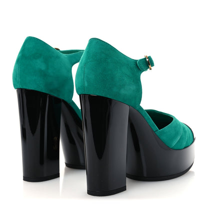 Chanel Suede Kidskin Patent Calfskin CC Platform Pumps 38.5 Green Black 5 of 11