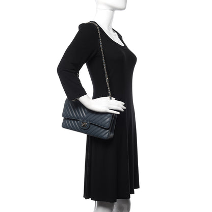 Chanel Lambskin Chevron Quilted Medium Double Flap Navy Blue 2 of 10