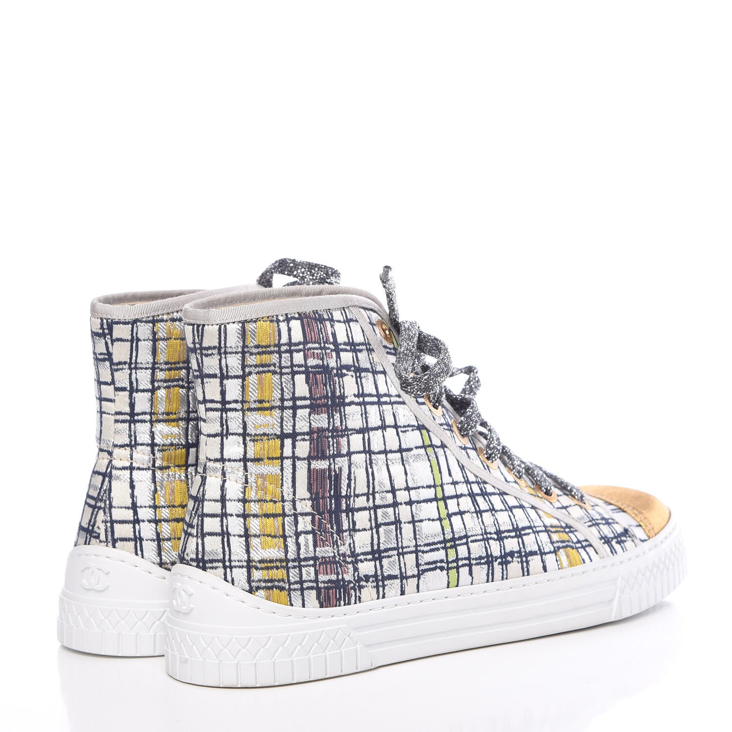 Chanel Metallic Tweed High Top Sneakers 38.5 Ecru Black Yellow Gold 4 of 11