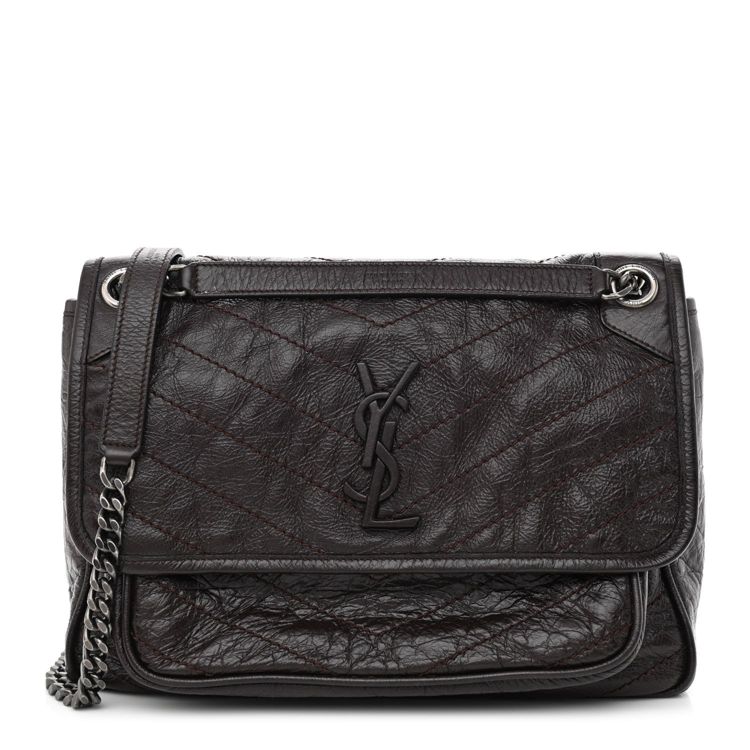 Saint Laurent Crinkled Calfskin Matelasse Monogram Medium Niki Chain Satchel Western Moka 1 of 12