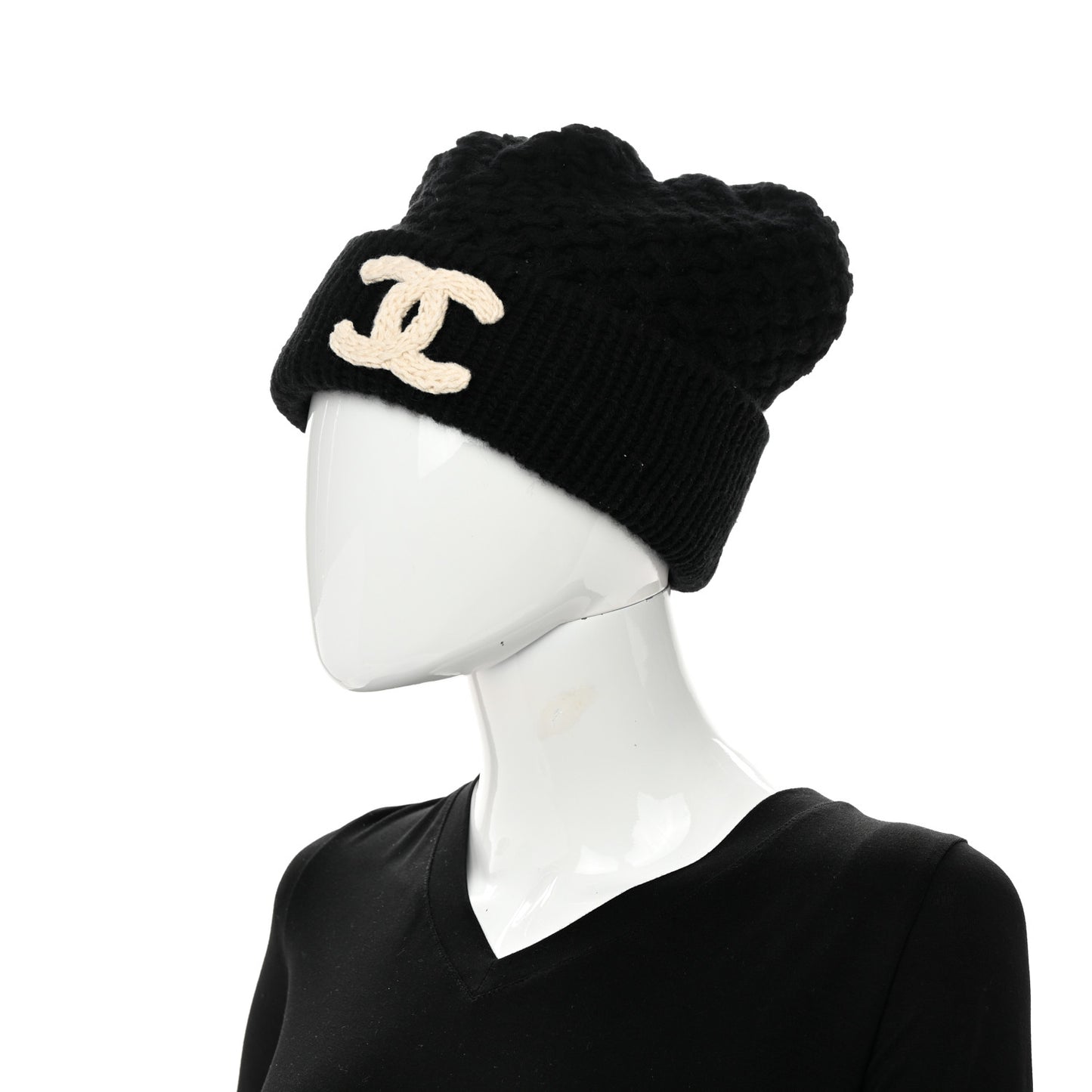 Wool Cashmere CC Beanie Hat Black White