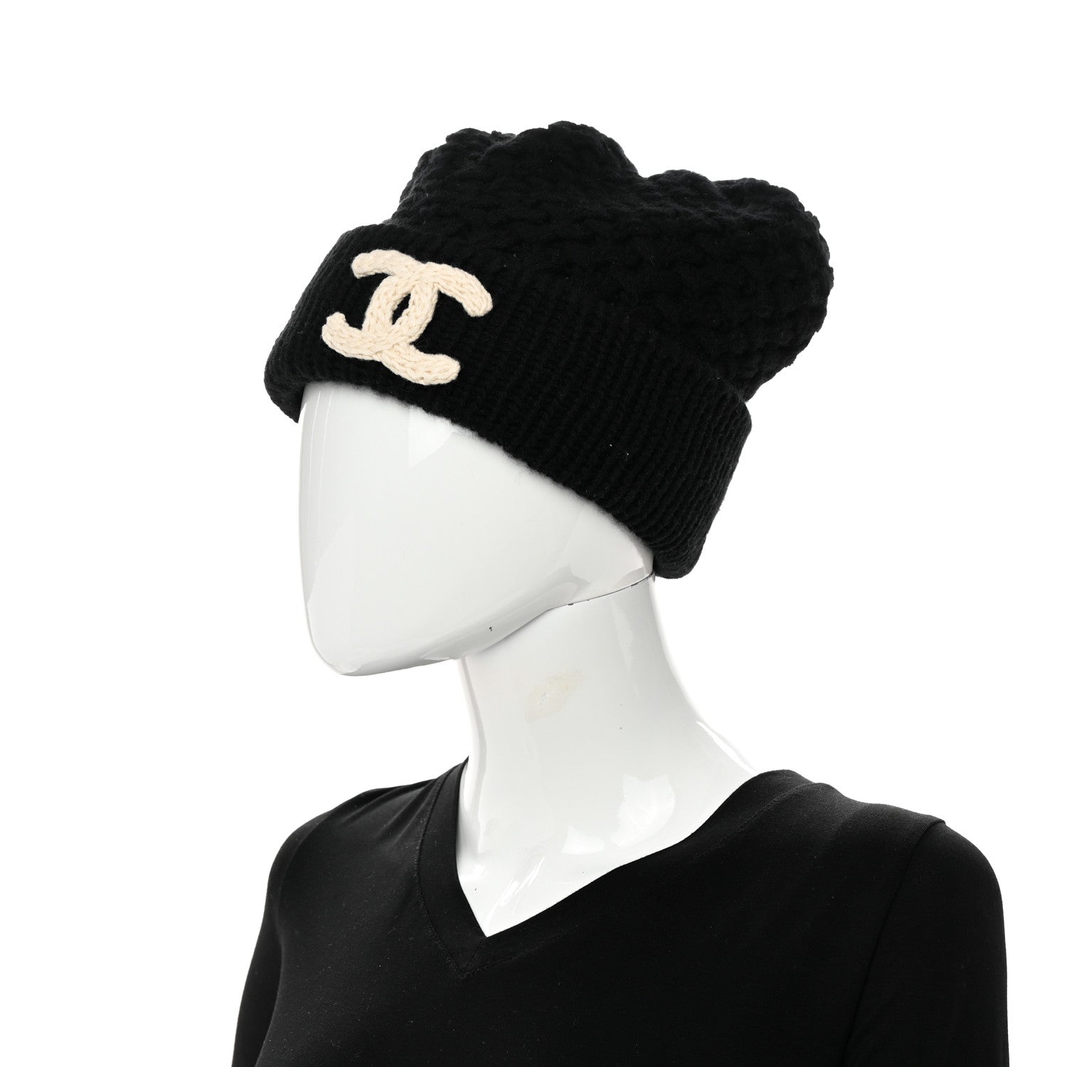 Chanel Wool Cashmere CC Beanie Hat Black White 2 of 5