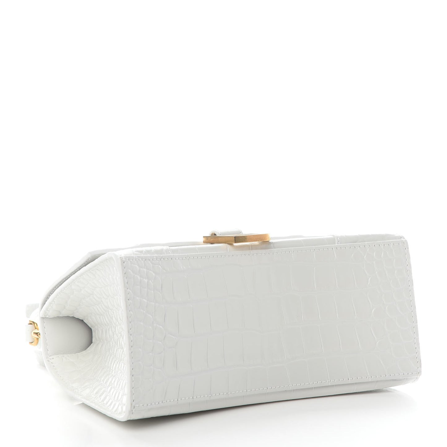 Shiny Calfskin Crocodile Embossed Small Hourglass Top Handle Bag White