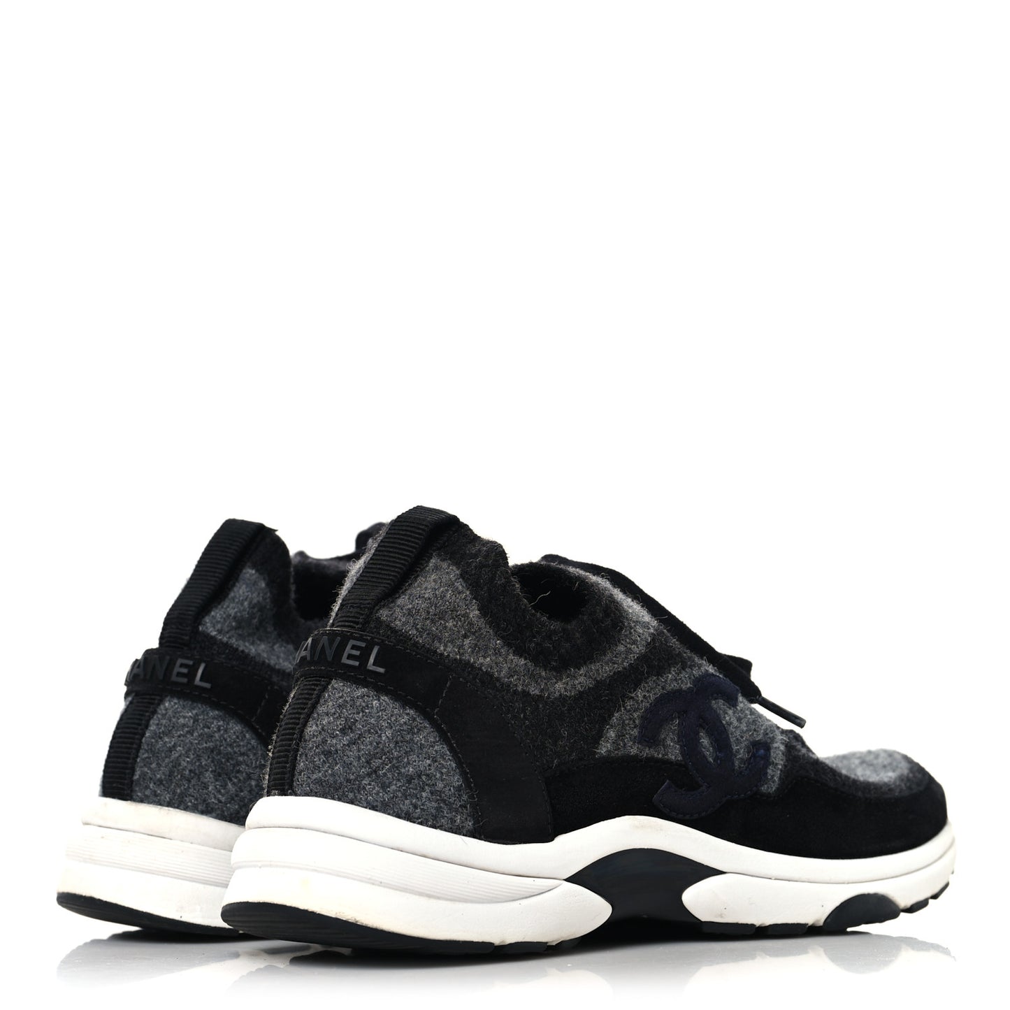 Knit Fabric Suede Calfskin Womens CC Sneakers 38.5 Black Grey