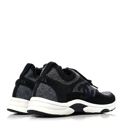Chanel Knit Fabric Suede Calfskin Womens CC Sneakers 38.5 Black Grey 5 of 8