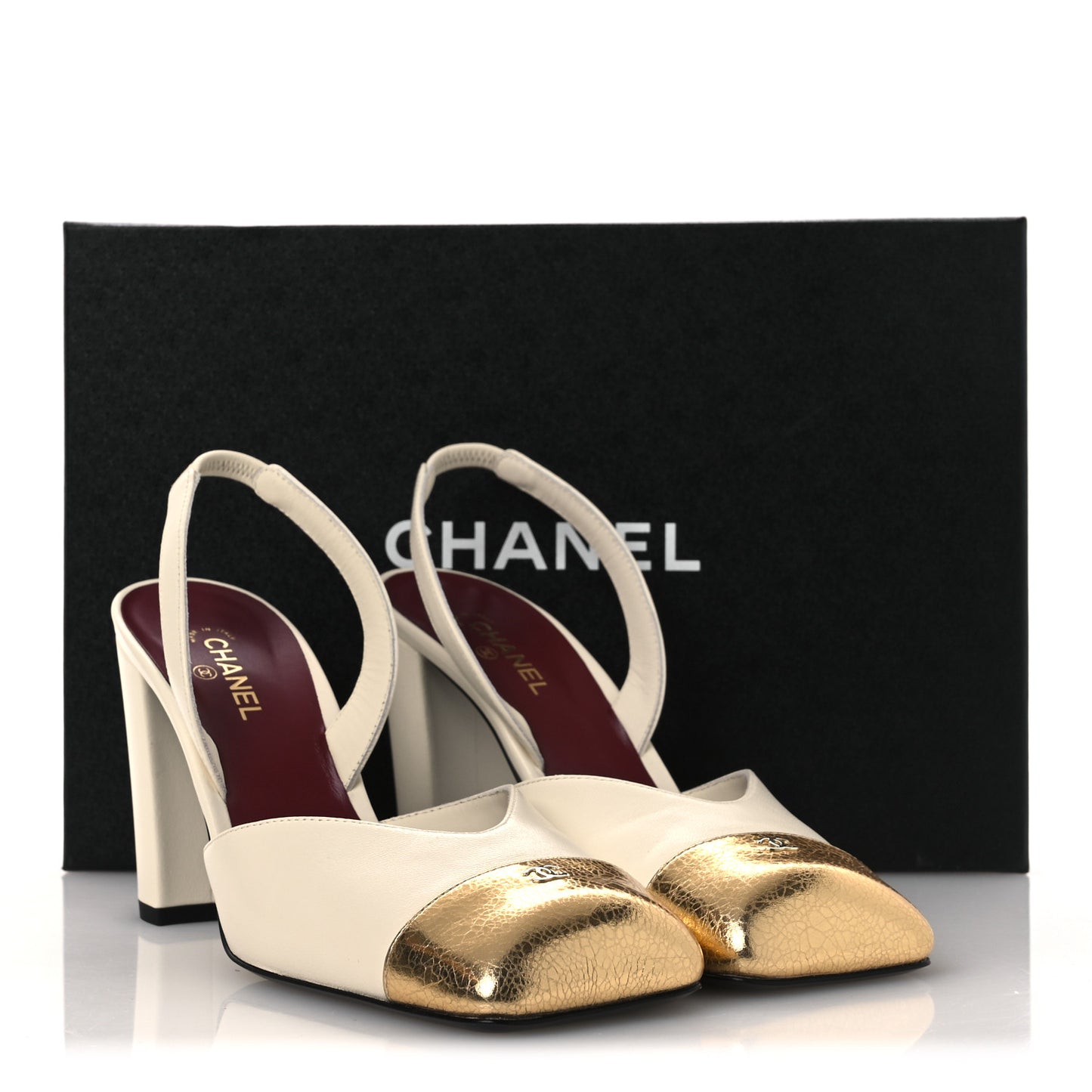 Lambskin Metallic Crackled Calfskin Square Cap Toe CC Slingback Pumps 38.5 Ivory Gold