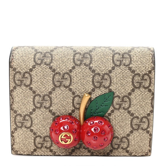 GG Supreme Monogram Cherry Embellished Card Case Wallet Hibiscus Red