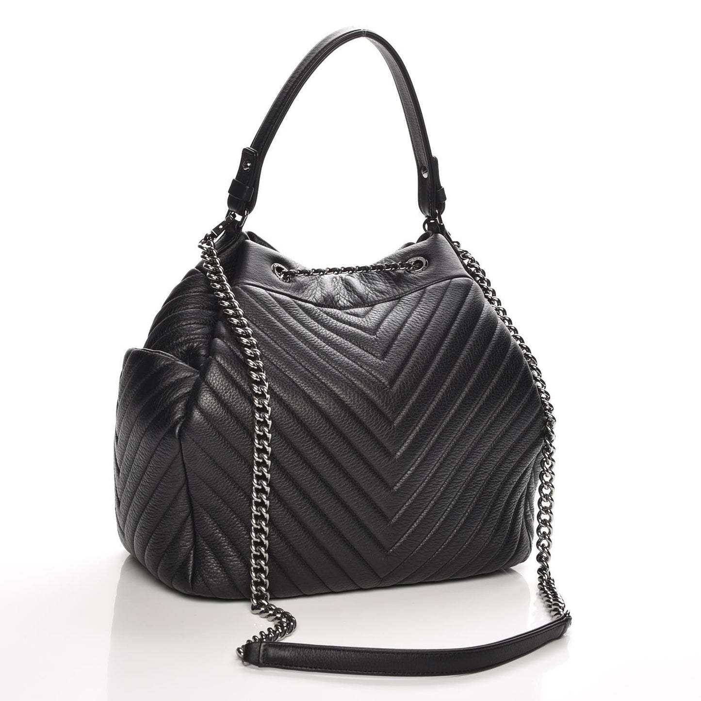 Deerskin Chevron Large CC Chain Bucket Drawstring Bag Black