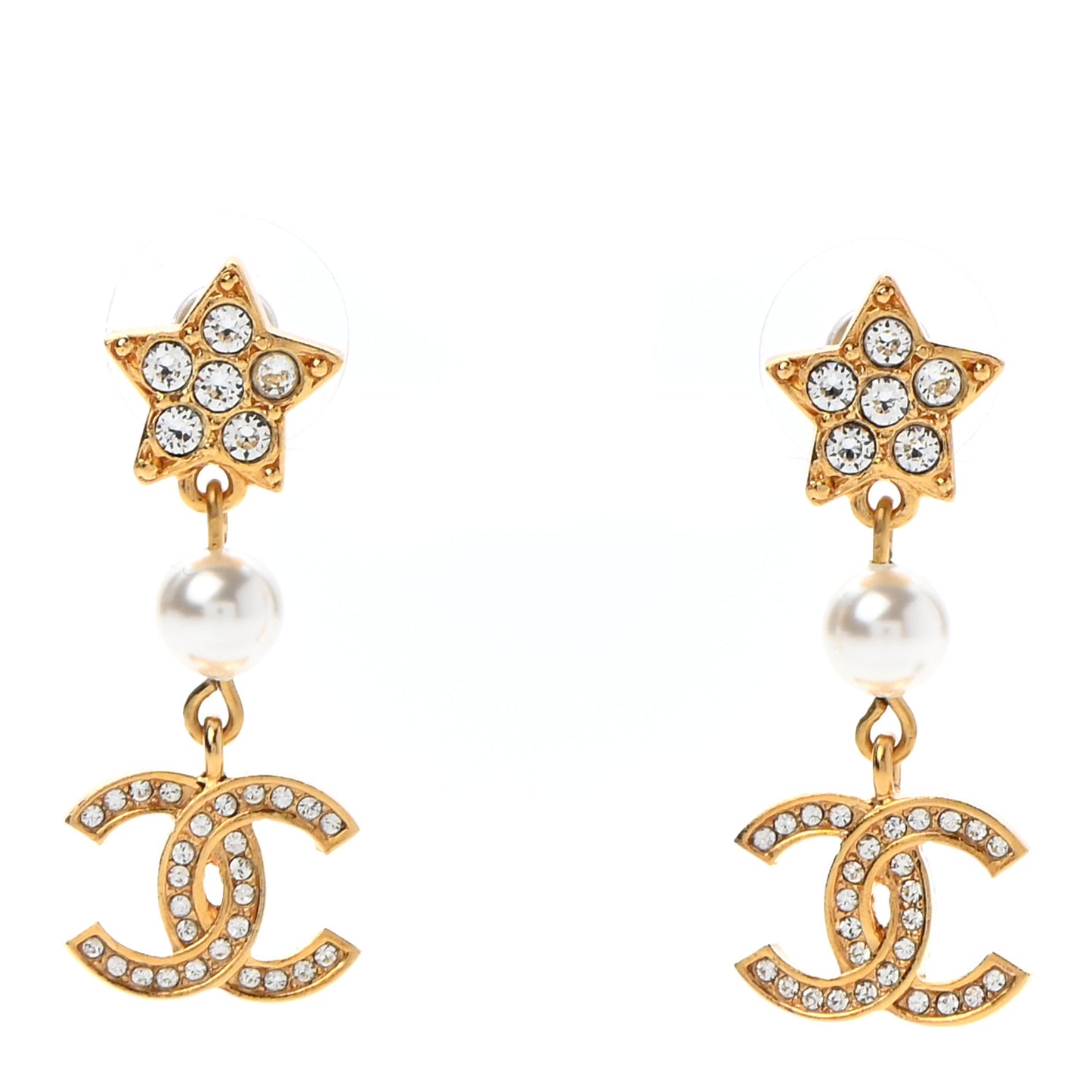 Crystal Pearl CC Star Drop Earrings Gold