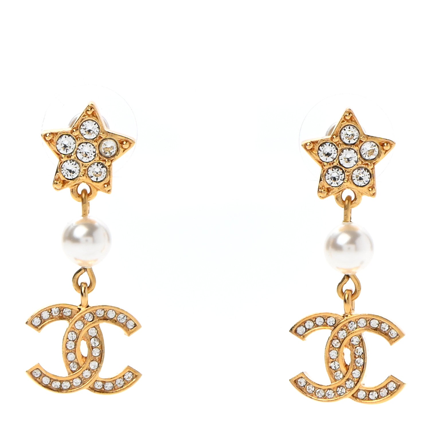 Chanel Crystal Pearl CC Star Drop Earrings Gold 1 of 5