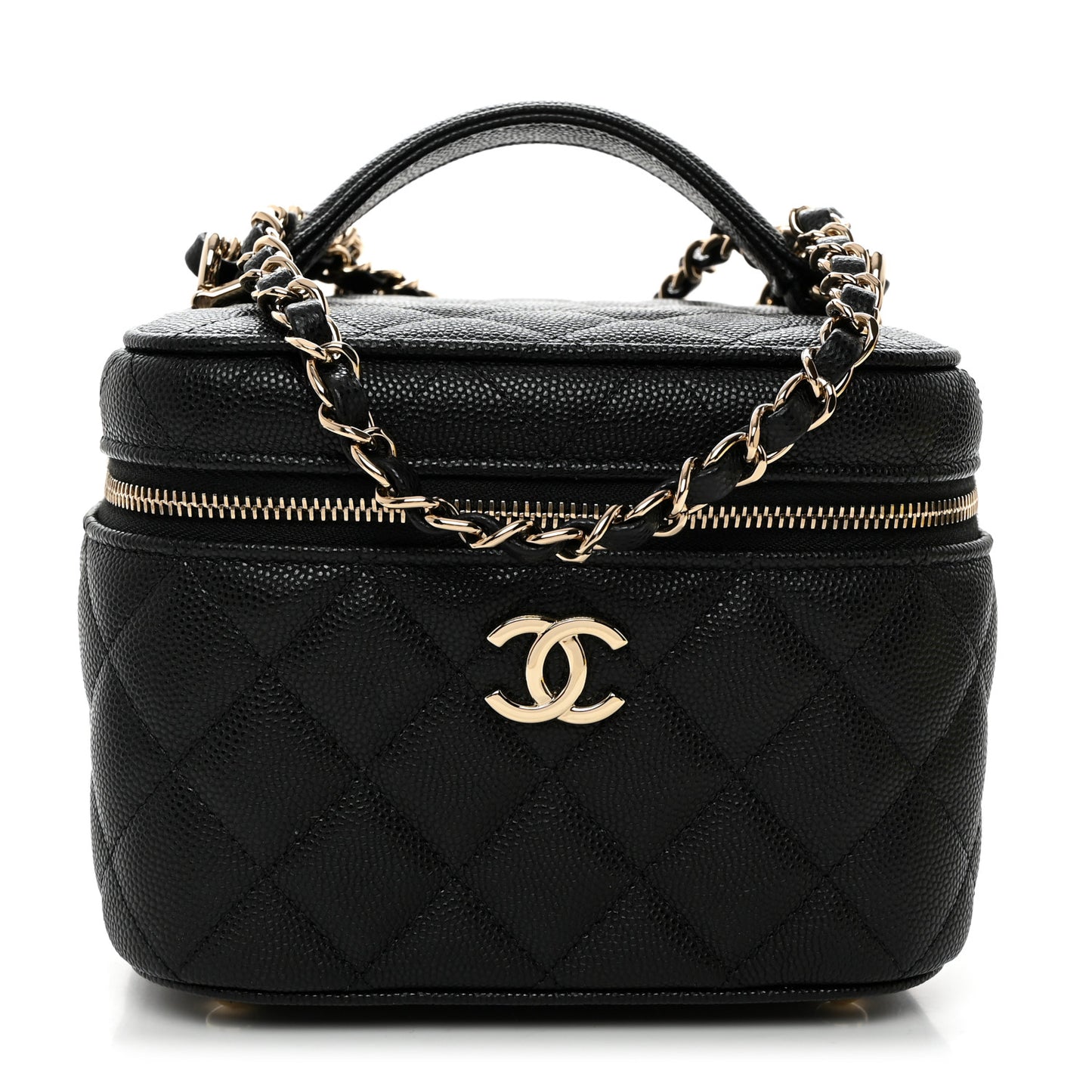 Caviar Quilted Small Top Handle Vanity Case With Chain Black