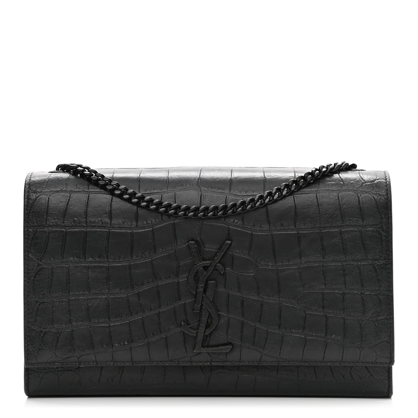 Calfskin Crocodile Embossed Medium Classic Monogram Kate Satchel Black