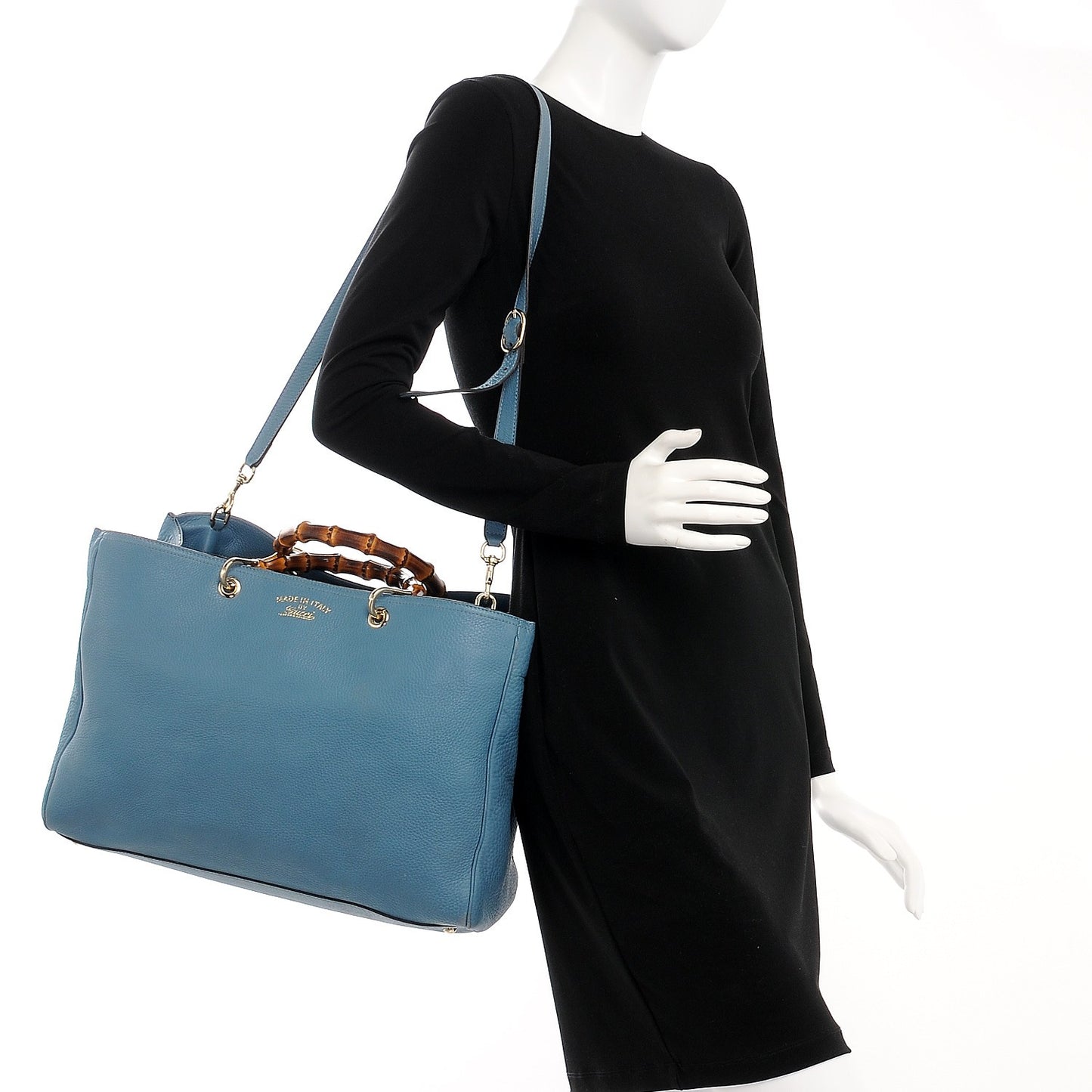 Pebbled Calfskin Large Bamboo Shopper Tote Light Blue