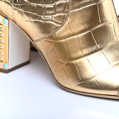 Chanel Calfskin Crocodile Embossed Cap Toe High Boots 38.5 Gold 10 of 11