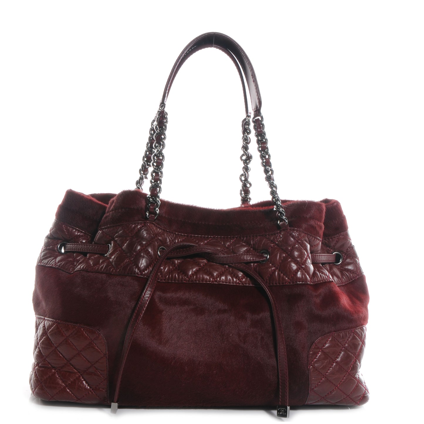 Pony Hair Quilted Drawstring Tote Dark Red